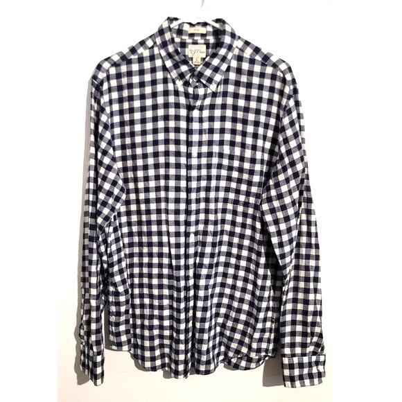 J Crew Cotton Linen Twill Slim Blue Gingham Button Down Shirt Large - Picture 1 of 9